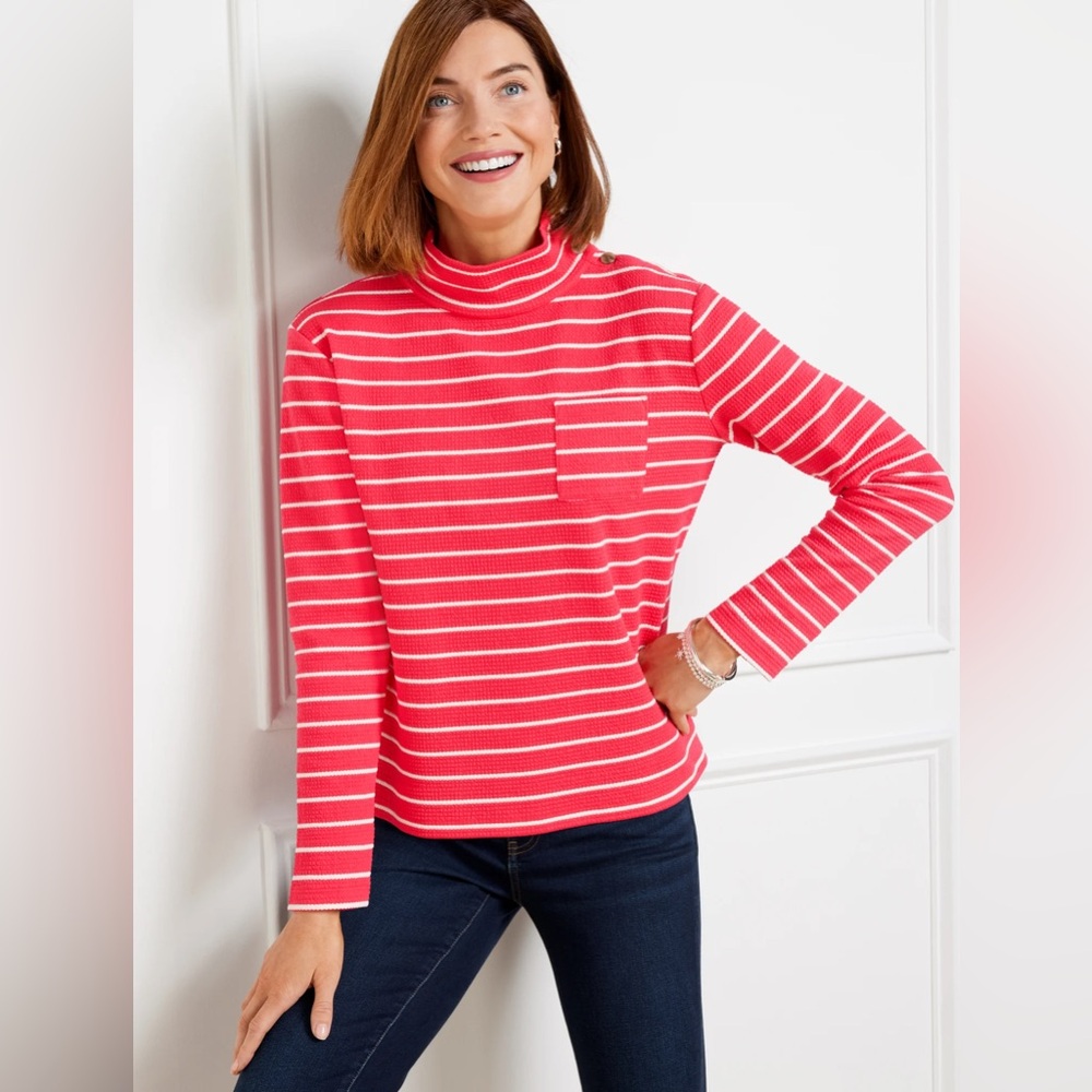 Talbots Button Mockneck Pullover Sweater - Marin Stripe